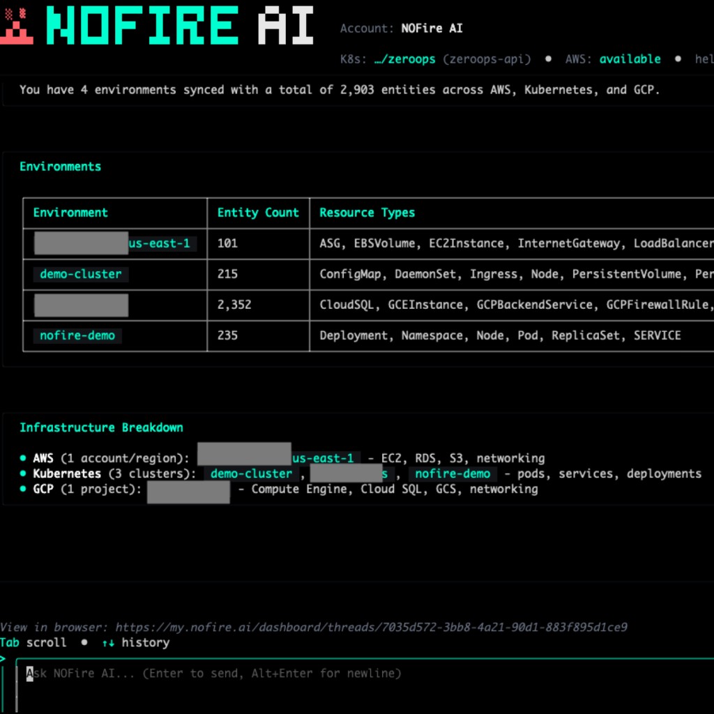 NOFire CLI showing connected environments across AWS, Kubernetes, and GCP