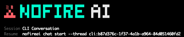 NOFire CLI session banner showing thread ID and resume command
