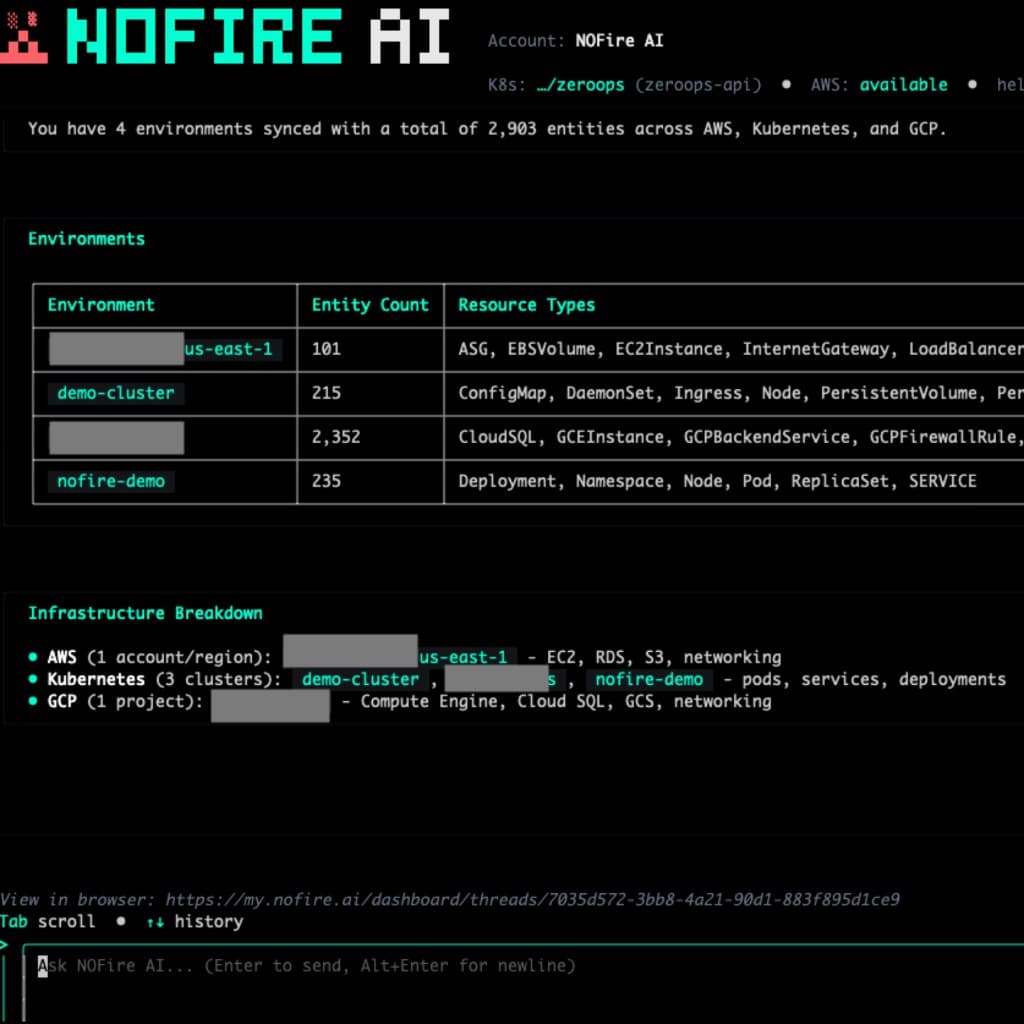 NOFire CLI showing connected environments across AWS, Kubernetes, and GCP